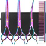 Dog Grooming Scissors, Professional 4 in 1 Dog Shears Set,Chunker Scissers,Curved Scissors,Thinning Shears and Comb for Cat Pet with Left Handed Deg Curved Shear