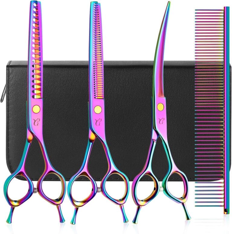 Dog Grooming Scissors, Professional 4 in 1 Dog Shears Set,Chunker Scissers,Curved Scissors,Thinning Shears and Comb for Cat Pet with Left Handed Deg Curved Shear
