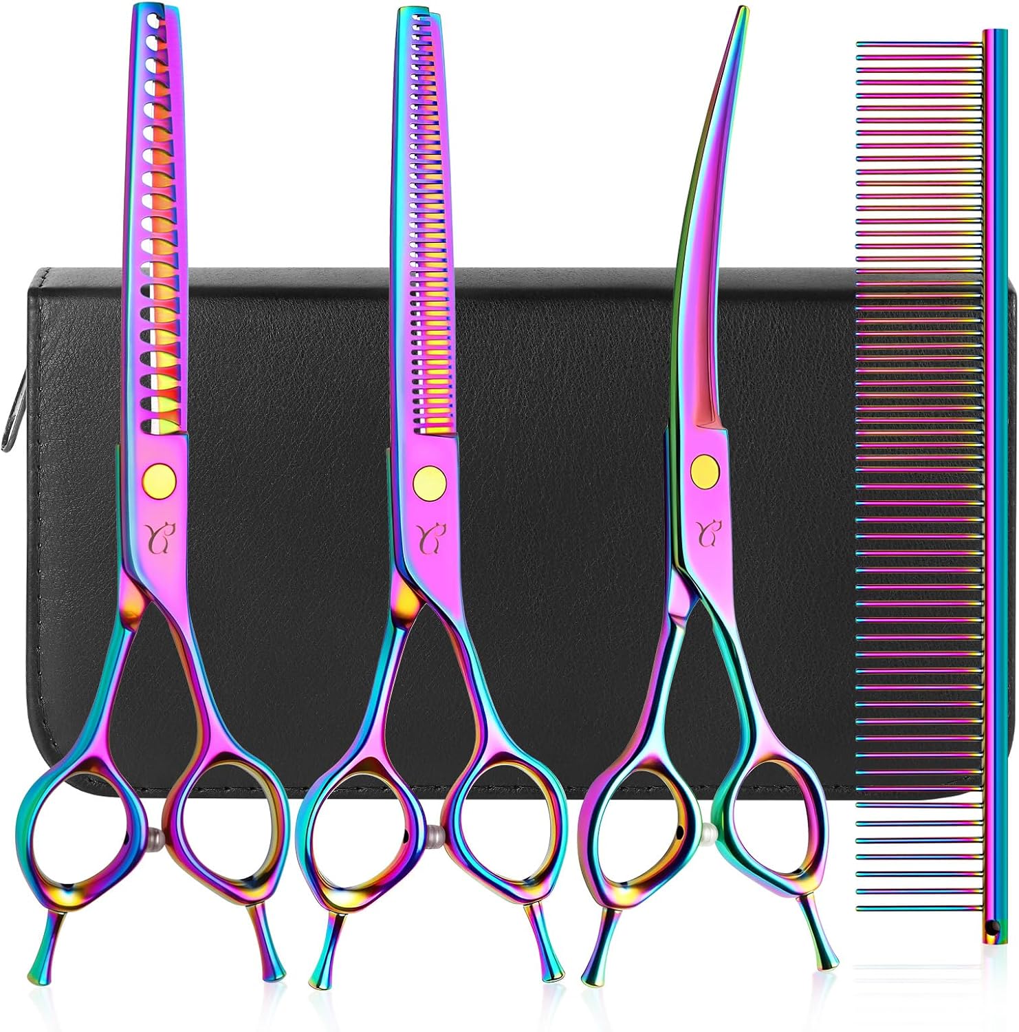 Dog Grooming Scissors, Professional 4 in 1 Dog Shears Set,Chunker Scissers,Curved Scissors,Thinning Shears and Comb for Cat Pet with Left Handed Deg Curved Shear Dog Grooming Scissors, Professional 4 in 1 Dog Shears Set,Chunker Scissers,Curved Scissors,Thinning Shears and Comb for Cat Pet with Left Handed Deg Curved Shear