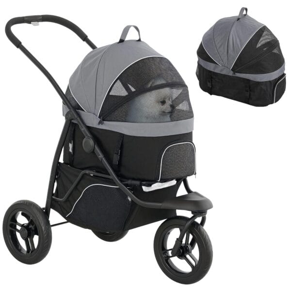 PawHut Dog Stroller for Small Dogs and Cats, 3 in 1 Folding Cat Pet Stroller Jogger with Detachable Carrier, Storage Basket, All-Terrain Wheels, Adjustable Canopy, Car Seat, Gray