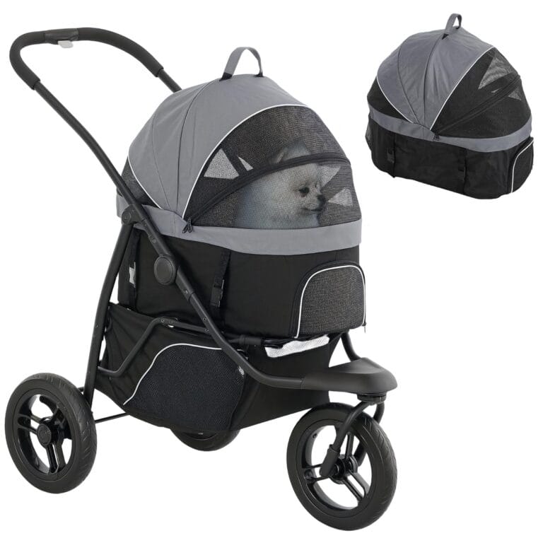 PawHut Dog Stroller for Small Dogs and Cats, 3 in 1 Folding Cat Pet Stroller Jogger with Detachable Carrier, Storage Basket, All-Terrain Wheels, Adjustable Canopy, Car Seat, Gray