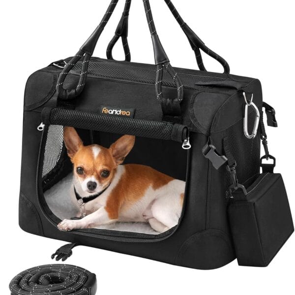 Feandrea Airline Approved Small Dog Carrier, Collapsible Pet Travel Carrier, Size S, with Metal Frame, Leash, Pocket, for Cats and Small Dogs up to 13 lb, 17 x 12 x 12 Inches, Classic Black UPDC004B01