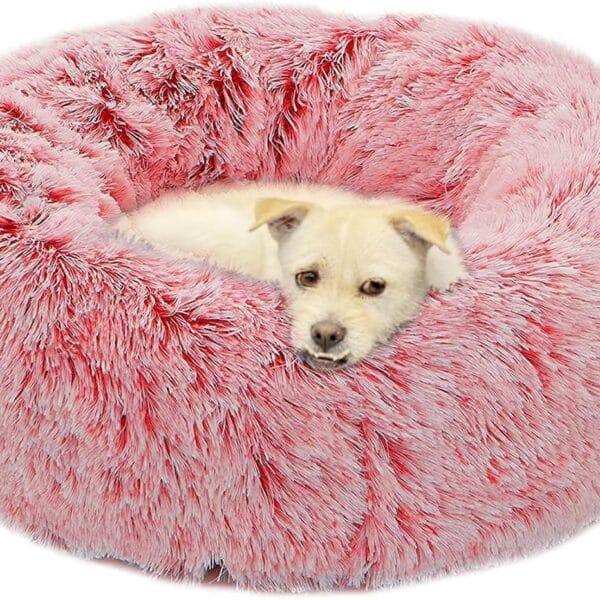 Calming Cat Bed, Soft Round Cuddler Dog Beds Fluffy Plush Faux Fur Pet Beds, Anit-Anxiety Self-Warming Comfy (20", Dark Pink)