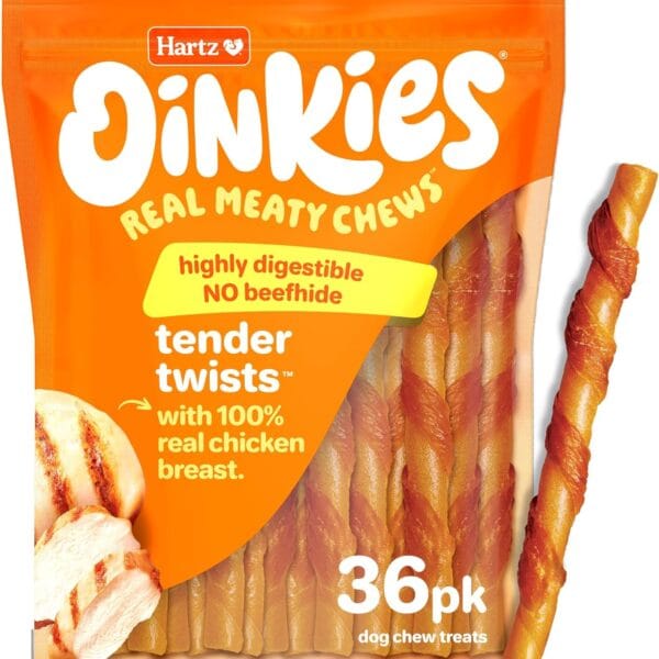Hartz Oinkies Tender Twists with Real Chicken Breast Rawhide-Free Dog Treats, Highly Digestible Dog Chews, 36 Count
