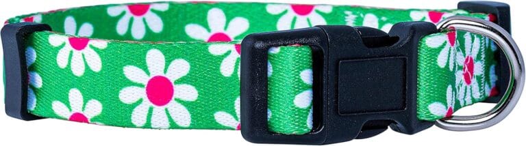 Native Pup Flower Dog Collar, Adjustable Small Medium Large, Cute Girl Female Summer Spring Pretty Designer Puppy Essentials Accessories, Pink Floral Blue Daisy Rose (Medium, Green Daisy)