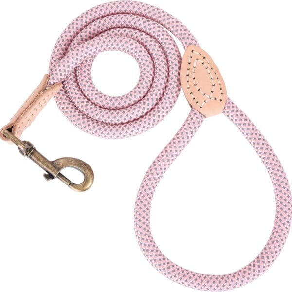 Mile High Life Dog Rope Leash 4 FT with Genuine Leather Tip, Reflective Rope Leash for Medium Large Dogs (Pink, 48 Inch)