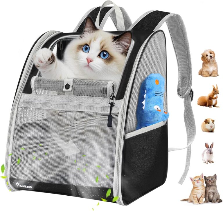 Pawaboo Cat Carrier Backpack, Pet Carrier Backpack for Kitties Small Dogs Puppies, Breathable Cat Bag Carrier, Small Dog Travel Backpack Carrier for Kitten Puppy Bunny - Black (up to 22lbs)