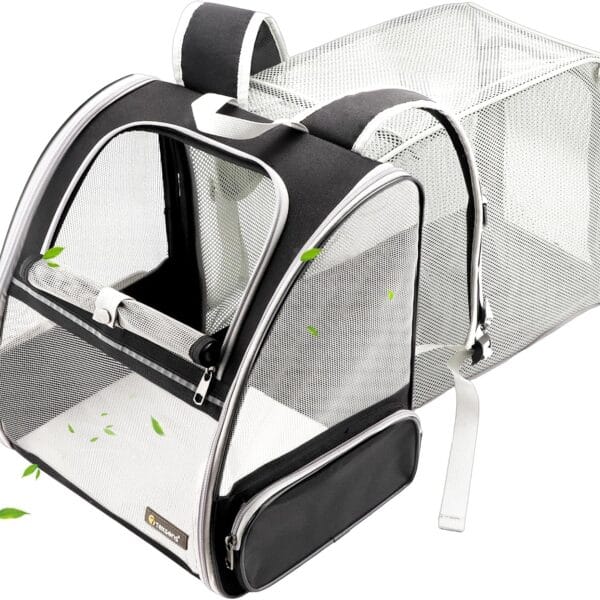 Texsens Cat Backpack - Expandable Pet Carrier for Medium Cats and Small Dogs up to 17 lbs - Breathable, Collapsible & Soft Cat Travel Bag for Outdoor Hiking (Black)