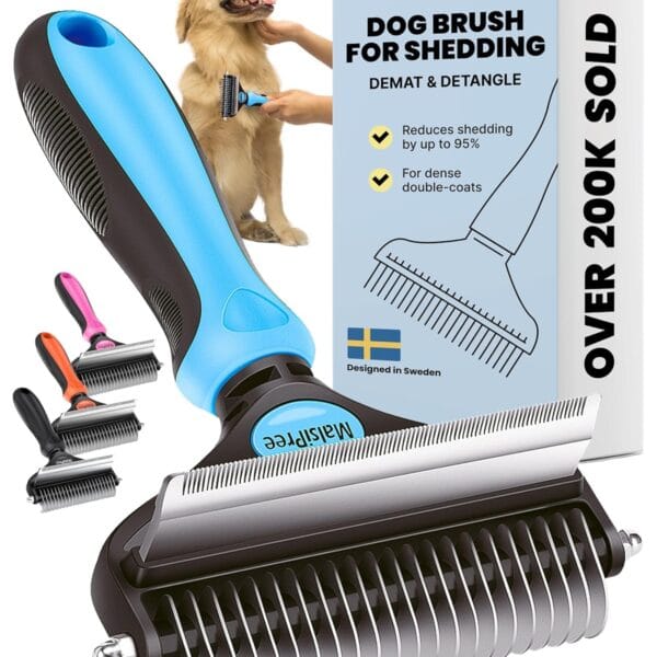 MalsiPree Dog Brush for Shedding - Large, Blue, 2-in-1 - Deshedding Dog Grooming Brush & Undercoat Rake with Dematting Comb for medium to Large Double Coated