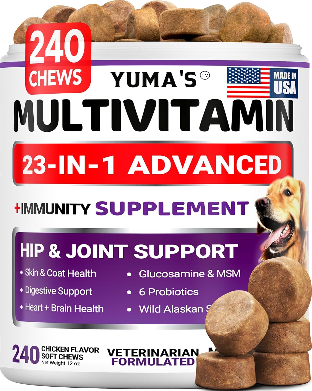 Dog Multivitamin Chewable with Glucosamine - 240 Treats - Dog Vitamins and Supplements - Senior & Puppy Multivitamin for Dogs - Hip & Joint Support - Immune Health, Skin, Heart, Digestion, Probiotics Dog Multivitamin Chewable with Glucosamine - 240 Treats - Dog Vitamins and Supplements - Senior & Puppy Multivitamin for Dogs - Hip & Joint Support - Immune Health, Skin, Heart, Digestion, Probiotics