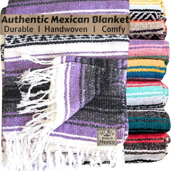 Del Mex Classic Mexican Blanket, Large Authentic Woven Falsa Throw (70"x50"), Artisan Southwest Dcor for Beach, Yoga, Outdoors (Lavender)