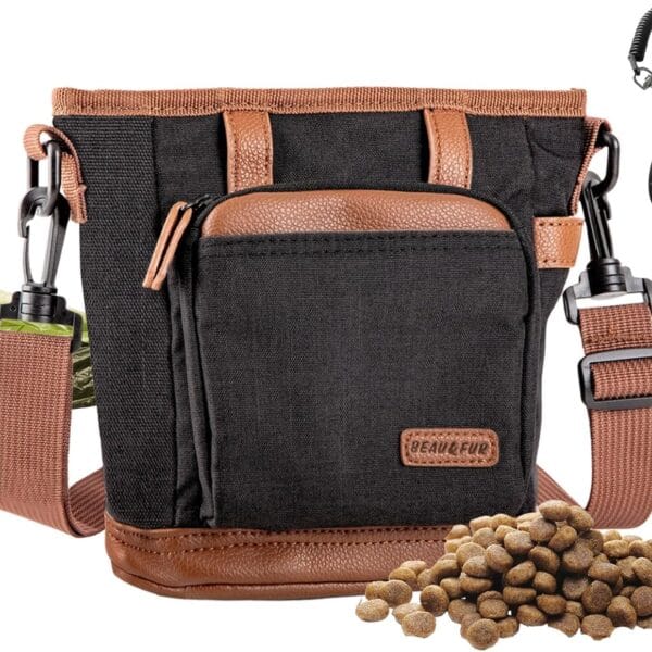 BEAU&FUR Large Dog Treat Pouch with Clicker for Training  4 Cup Capacity, Built-In Poop Bag Dispenser, Expandable Pocket, Metal Buckle, Large Back Pocket, Ideal Design for Walks and Training  Black