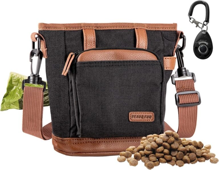 BEAU&FUR Large Dog Treat Pouch with Clicker for Training  4 Cup Capacity, Built-In Poop Bag Dispenser, Expandable Pocket, Metal Buckle, Large Back Pocket, Ideal Design for Walks and Training  Black