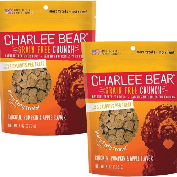 Charlee Bear Dog Training Treats for Small, Medium & Large Breeds, Crunchy Low Calorie Grain Free Dog Treats, USA Made, Chicken, Pumpkin & Apple, 2 Pack, 8oz Each