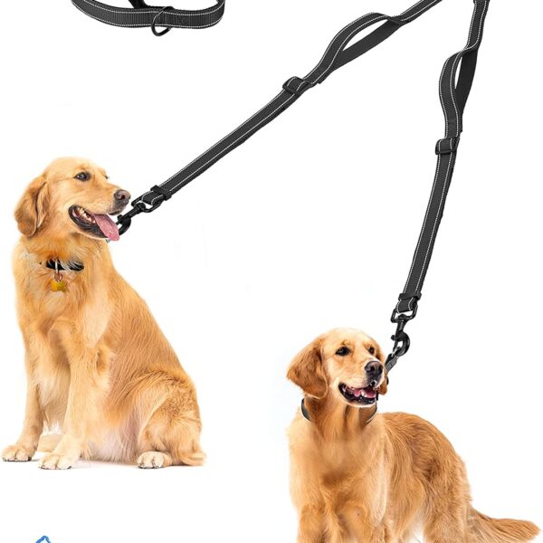 PetBonus Double Dog Leash, No Tangle Dual Leash, Reflective Walking Training Lead, 4 Comfortable Padded Handles for 2 Dogs with Collapsible Bowl and Waste Bags (Black, Large)