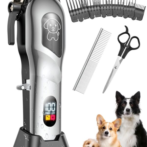 Dog Grooming Kit, Dog Clippers for Grooming for Heavy Thick Hair, Low Noise Cordless Pet Hair Trimmer with Stainless Steel Blade, Professional Rechargeable Hair Trimmer for Dogs and Cats