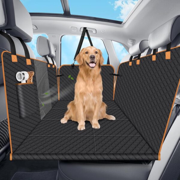 Dog Car Seat Cover for Back Seat, Dog Car Bed Cover with Strong Hard Bottom 4 Panels, Back Seat Extender Hammock for Cars SUV Truck Black Color