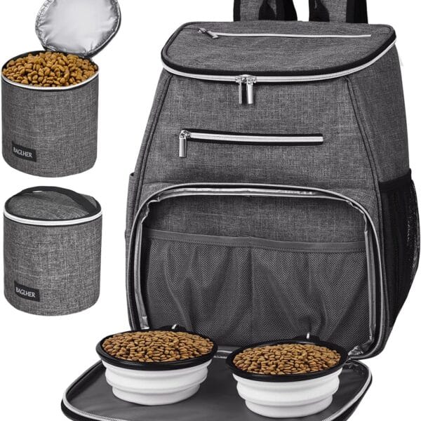 BAGLHER Dog Travel Bag Backpack, Airline Approved Pet Supplies Backpack, Dog Travel Backpack with 2 Silicone Collapsible Bowls and 2 Food Baskets Grey