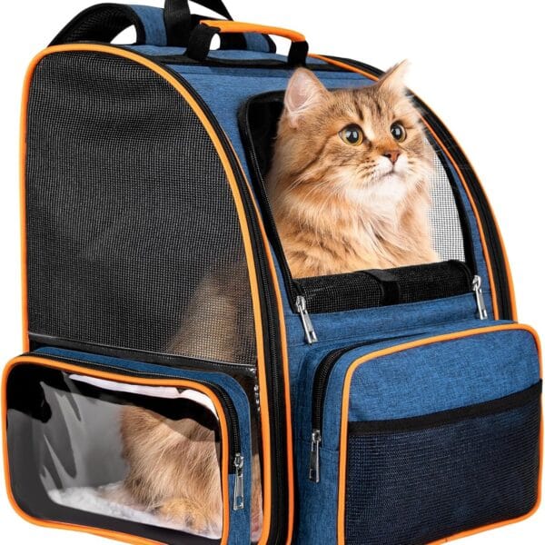 Discala Cat Backpack Carrier for Medium Small Dog Cat up to 20lbs, Pet Carrier Backpack, Ventilated Mesh Soft Sided Dog Backpack Carrier for Travel, Hiking, Outdoor Use - Blue