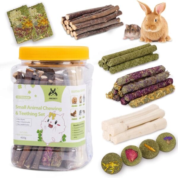 50-60 PCS Natural Rabbit Chew Toys, Treats, Timothy Sticks, Apple Sticks, Sweet Bamboo for Guinea Pig, Hamster, Chinchilla, Rat, Small Animals