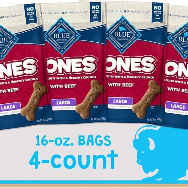 Blue Buffalo Bones Natural Crunchy Dog Treats Large Dog Biscuits Beef, 16oz. Bag, 4 Count