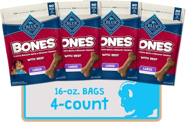Blue Buffalo Bones Natural Crunchy Dog Treats Large Dog Biscuits Beef, 16oz. Bag, 4 Count