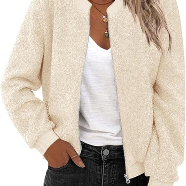 Zeagoo Women's Sherpa Fleece Jacket Long Sleeve Faux Fuzzy Casual Zip Up Bomber Coat With Pocket S-XXL