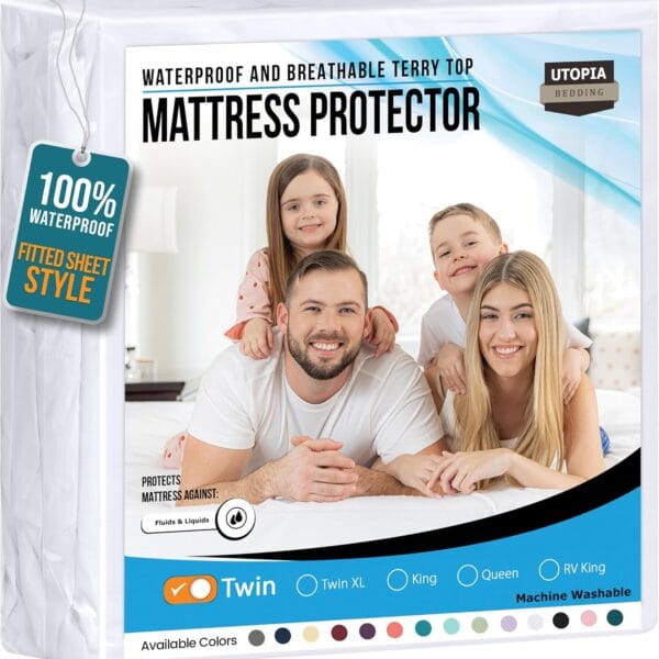 Utopia Bedding Waterproof Mattress Protector Twin Size, Premium 200 GSM Terry Mattress Cover, Soft & Breathable Bed Cover, Fitted Sheet Style with Stretchable Deep Pockets 15" (White)