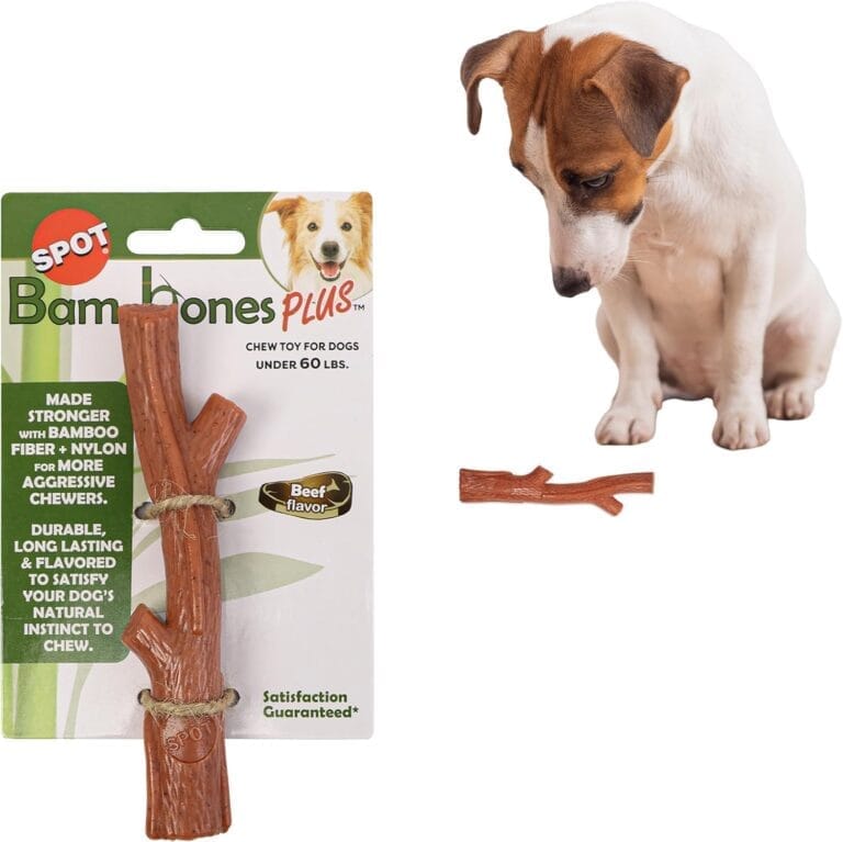 SPOT Bam-Bones Plus Branch -Bamboo Fiber & Nylon, Durable Long Lasting Dog Chew for Aggressive Chewers  Great Toy for Adult Dogs & Teething Puppies Under 60lbs, Non-Splintering, 5.75in, Beef Flavor