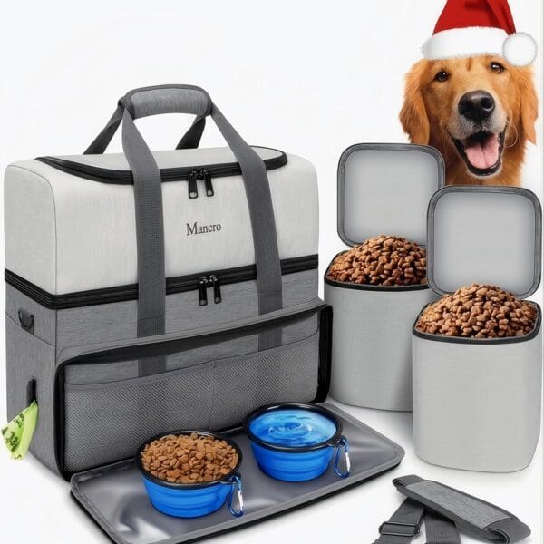 Mancro Dual Layers Dog Travel Bag, Pet Travel Bags with 2 Extra Large Food Containers, 2 Collapsible Dog Bowls, Multi-Pockets Tote Organizer for Pet Supplies, Road Trip Essentials, Weekend Camping