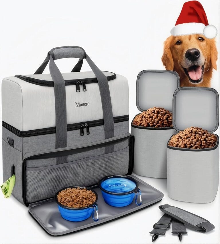 Mancro Dual Layers Dog Travel Bag, Pet Travel Bags with 2 Extra Large Food Containers, 2 Collapsible Dog Bowls, Multi-Pockets Tote Organizer for Pet Supplies, Road Trip Essentials, Weekend Camping