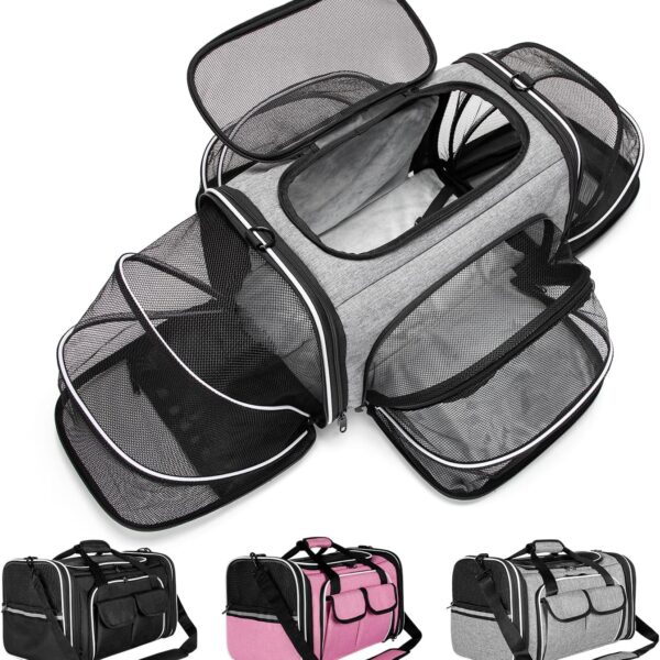 Estarer Soft Sided Pet Carrier Airline Approved, 4 Sides Expandable Collapsible Cat Carrier with Pockets & Removable Fleece Pad, Travel Carrier Bag for Cat Dog & Small Animals (Grey)