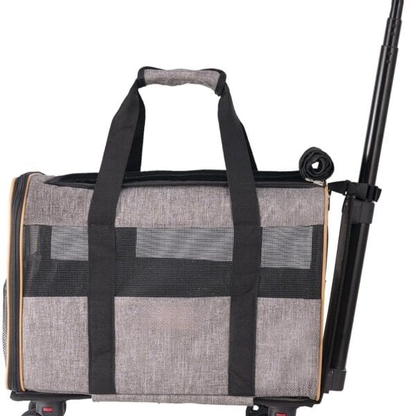 Cat Carrier with Wheels, Airline Approved Rolling Pet Carrier with Telescopic Handle and Shoulder Strap, Dog Carrier with Wheels Compatible with Pets Under 22 lbs, with 1 Folding Bowl, Grey