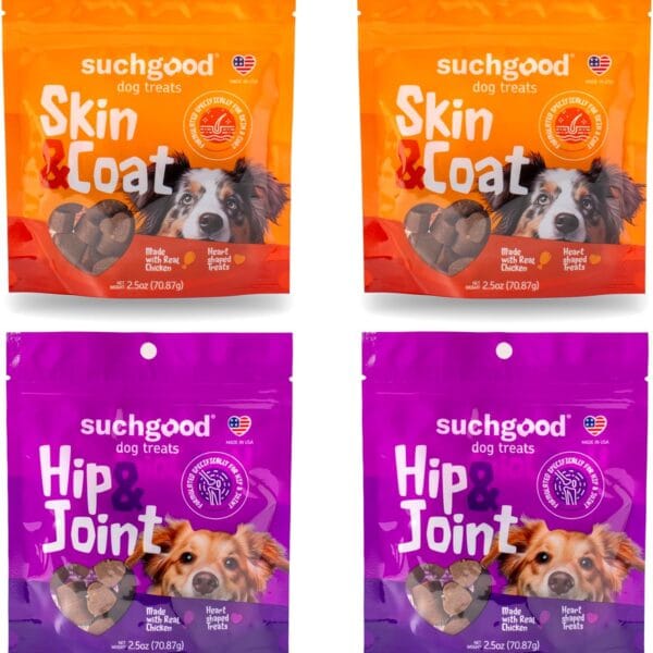 SuchGood Hip and Joint + Skin and Coat Dog Treats - Support Chews for All Breed Sizes and Ages, Glucosamine and Chondroitin + Salmon and Flaxseed Oil for Dogs (Chicken Flavor, 4 Packs)