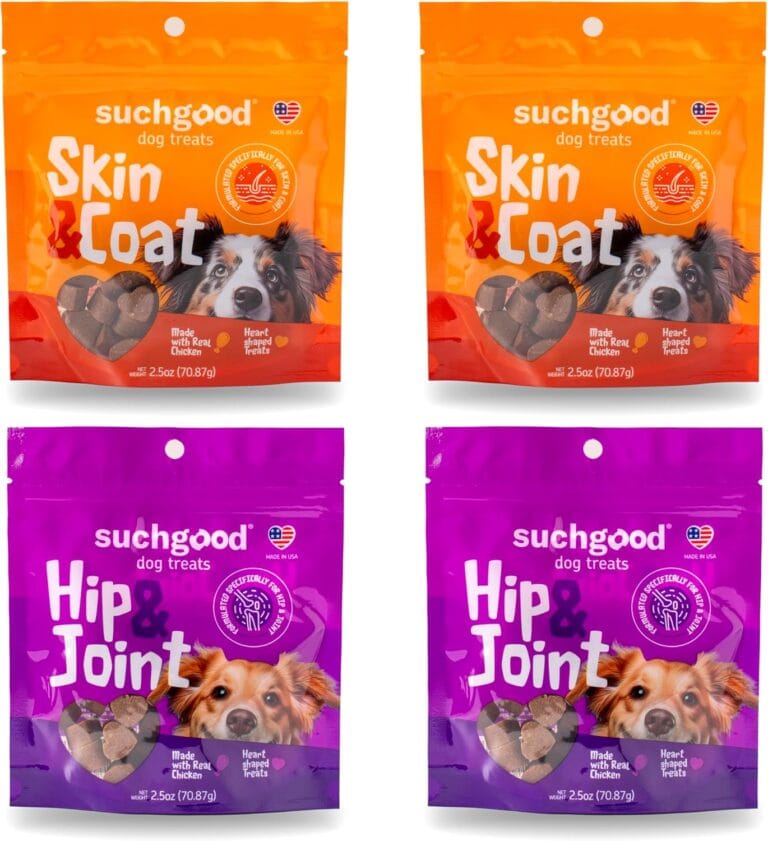 SuchGood Hip and Joint + Skin and Coat Dog Treats - Support Chews for All Breed Sizes and Ages, Glucosamine and Chondroitin + Salmon and Flaxseed Oil for Dogs (Chicken Flavor, 4 Packs)