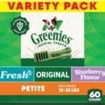 Greenies Veterinarian-Recommended Adult Natural Dental Dog Treats Petite Size, Original Flavor, Sweet Potato Flavor, and Blueberry Flavor, (3) 12 oz. Packs, 60 Count