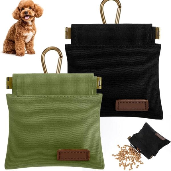 Dog Treat Pouch 2 Pcs Auto Closing Dog Treat Bag with Carabiner for Training Pet, Snack Reward, Outdoor Use (Black, Green)