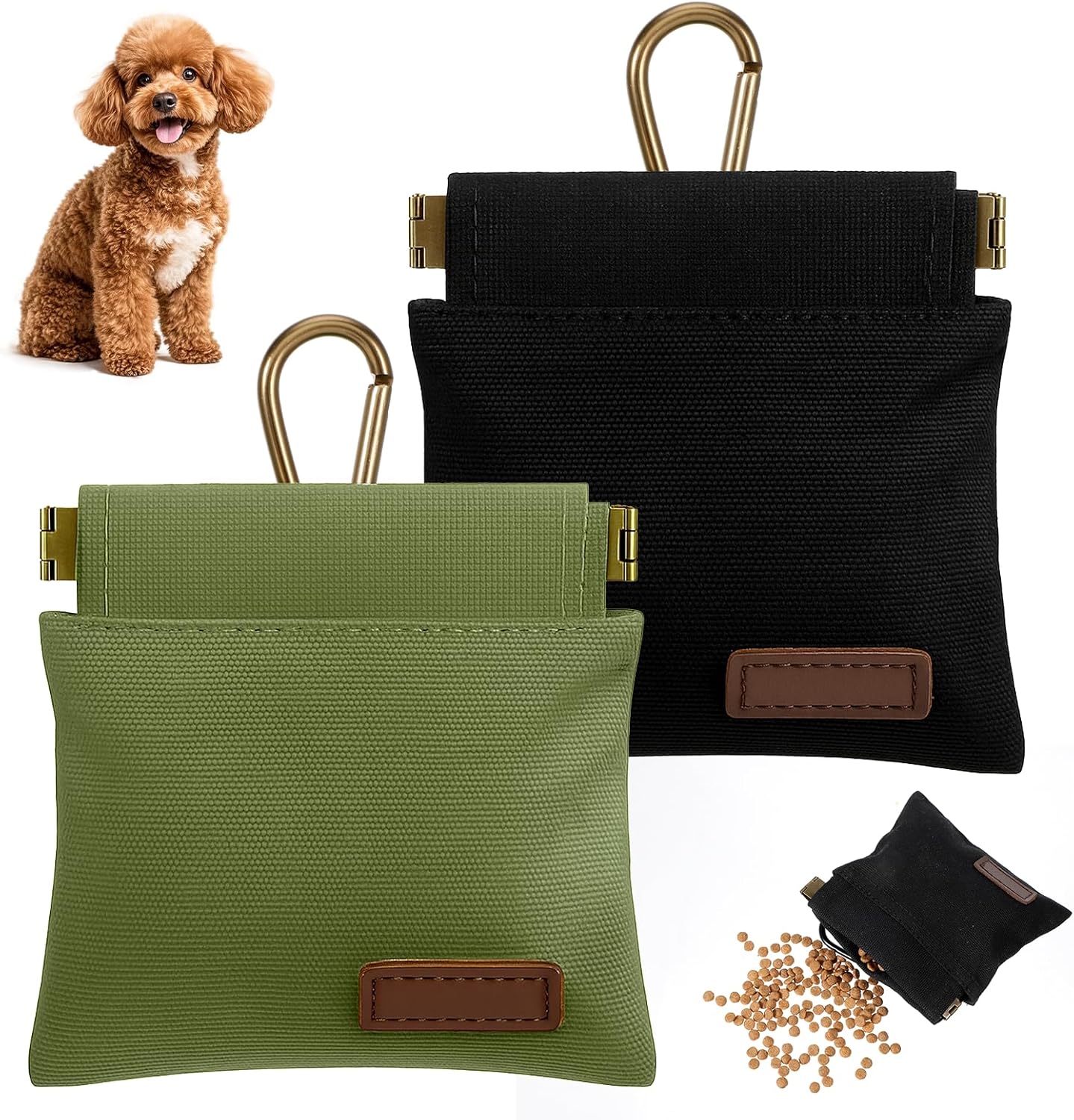 Dog Treat Pouch 2 Pcs Auto Closing Dog Treat Bag with Carabiner for Training Pet, Snack Reward, Outdoor Use (Black, Green) Dog Treat Pouch 2 Pcs Auto Closing Dog Treat Bag with Carabiner for Training Pet, Snack Reward, Outdoor Use (Black, Green)