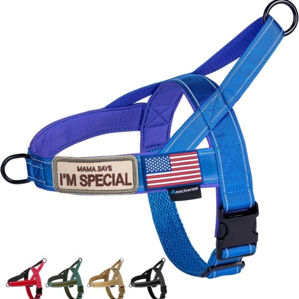 Annchwool No Pull Dog Harness with Soft Padded Handle,Reflective Strip Escape Proof and Quick Fit to Adjust Dog Harness,Easy for Training Walking for Small & Medium and Large Dogs(Blue,L)