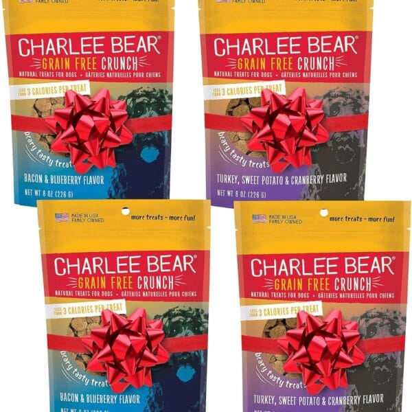 Charlee Bear Dogs Training Treat, Crunchy, Low Calorie, Grain Free Dog Treats, Made in USA, Best for Small and Medium Breeds, Bacon Blueberry & Turkey Sweet Potato Cranberry, 4 Pack 8oz Each