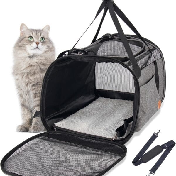 Cat Carrier for Large Cats 20 lbs, Soft Sided Breathable Mesh Cat Travel Carrier, Large Cat Carrier Airline Approved, Washable Pet Carrier for Cats Small Dogs Puppies, Foldable Cat Carrier, Gray