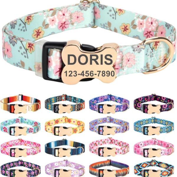 Moonpet Personalized Custom Customized Dog Collar with Engraved ID Dog Name and Phone Number Bone Buckle/Heavy Duty Adjustable Dog Collars for Puppy X-Small Small Medium Large X-Large Boy Girl Dogs