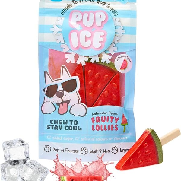 Pup Ice- Ready to Freeze at Home Dog Treats-Edible Chews for Small Breed Dogs & Puppies with Real Chicken to Keep Your Pup Cool Year Round, Fruity Lollies Watermelon Flavor, 3pcs
