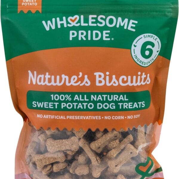 Wholesome Pride Natures Biscuits Dog Treats - Crunchy, Natural, Limited Ingredient, Grain-Inclusive Recipe with FiberRich Sweet Potato - Mini Bone-Shaped Treats for Dogs - 16 oz Bag