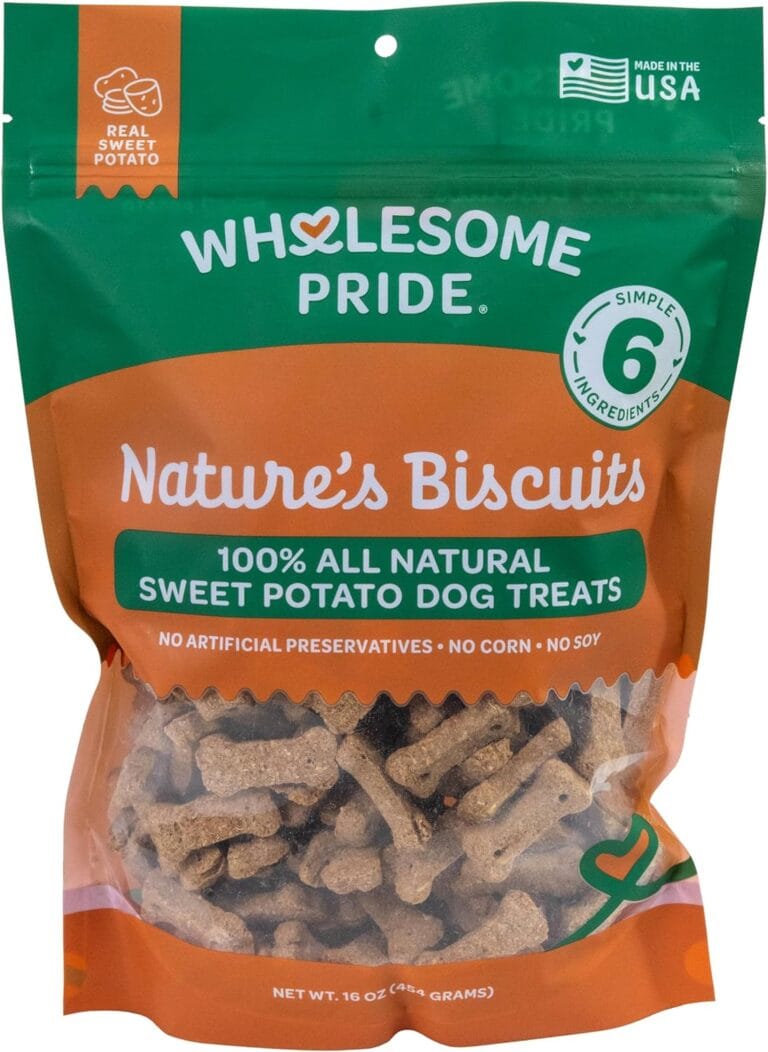 Wholesome Pride Natures Biscuits Dog Treats - Crunchy, Natural, Limited Ingredient, Grain-Inclusive Recipe with FiberRich Sweet Potato - Mini Bone-Shaped Treats for Dogs - 16 oz Bag