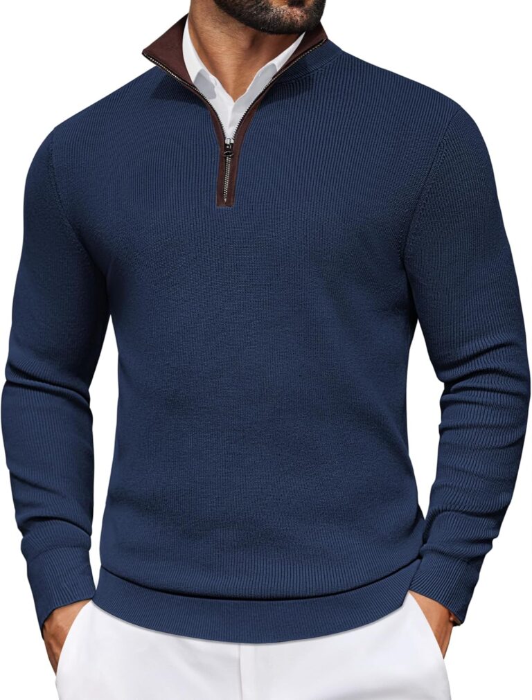 COOFANDY Mens Quarter Zip Sweater Slim Fit Mock Neck Pullover Casual Knitted Ribbed Polo Sweaters