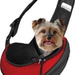 Expandable Pet Carrier Sling Bag - Small Dog, Puppy and Cat Carrier Front Shoulder Backpack w/Harness Strap - Carrying Pouch for ESA, Animal Travel - PU Leather Bottom, Mesh Pocket by Katziela (Red)