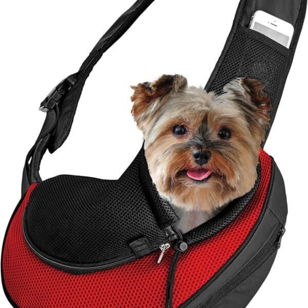 Expandable Pet Carrier Sling Bag - Small Dog, Puppy and Cat Carrier Front Shoulder Backpack w/Harness Strap - Carrying Pouch for ESA, Animal Travel - PU Leather Bottom, Mesh Pocket by Katziela (Red)