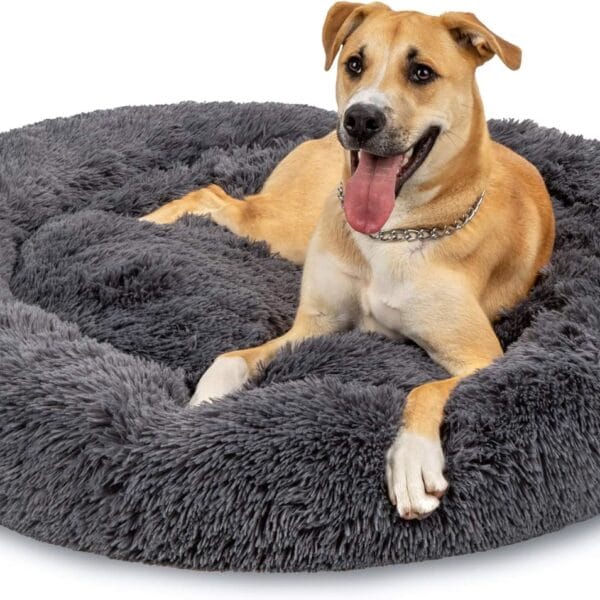 Best Choice Products 45in Dog Bed Self-Warming Plush Shag Fur Donut Calming Pet Bed Cuddler w/Water-Resistant Lining, Raised Rim - Gray