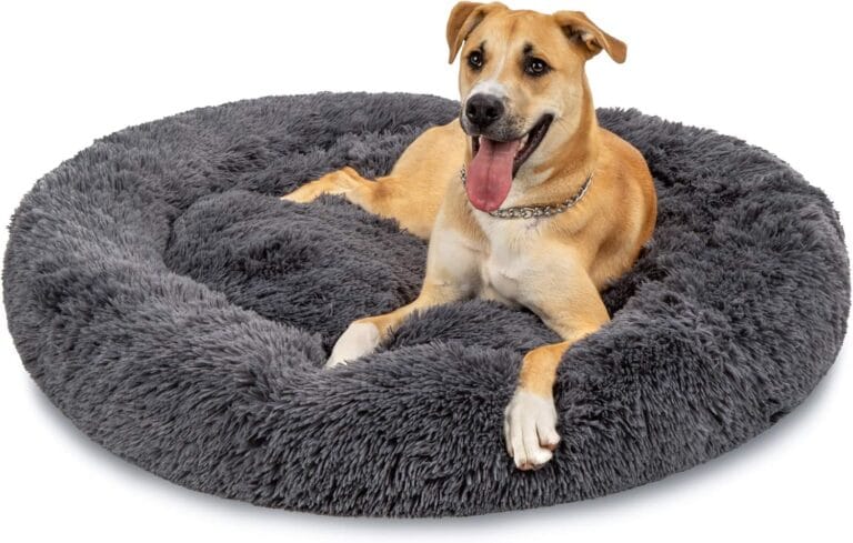 Best Choice Products 45in Dog Bed Self-Warming Plush Shag Fur Donut Calming Pet Bed Cuddler w/Water-Resistant Lining, Raised Rim - Gray